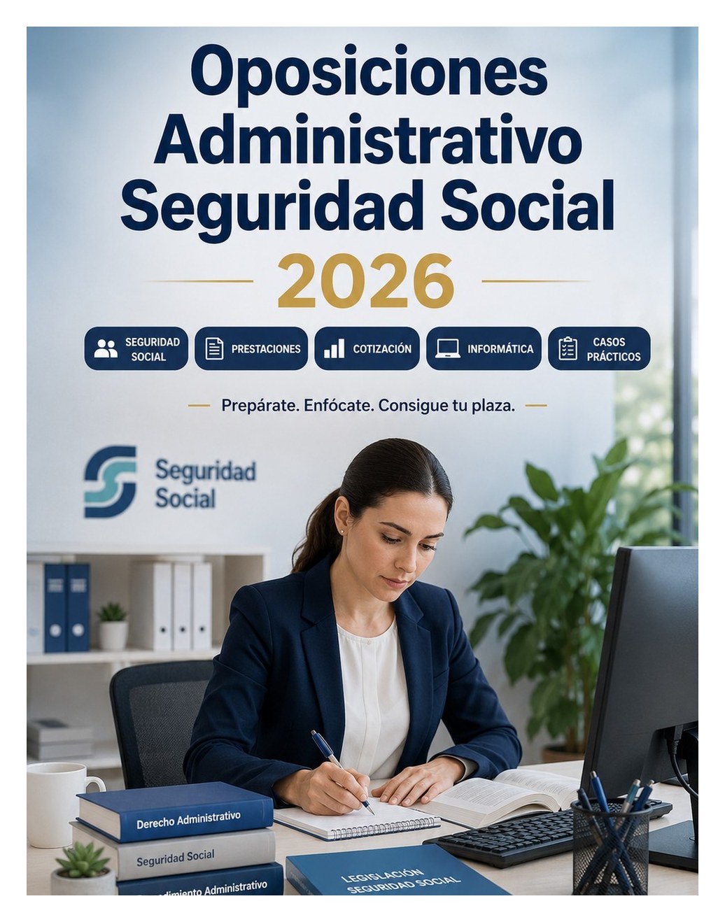 Oposiciones Administrativo Seguridad Social 2026 — Seguridad Social, prestaciones, afiliación, cotización, procedimiento administrativo, informática, test y casos prácticos