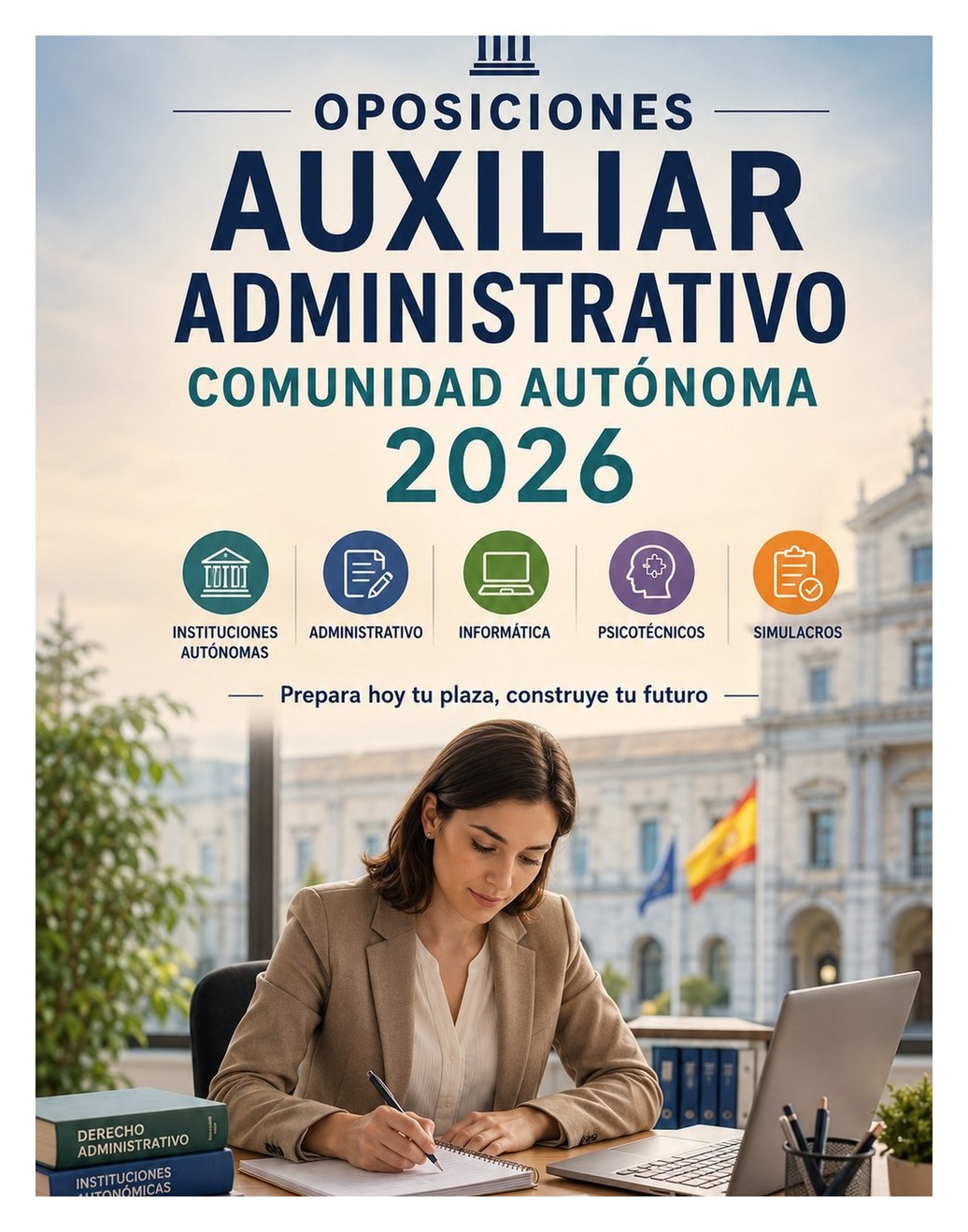 Oposiciones Auxiliar Administrativo Comunidad Autónoma 2026 — Instituciones autonómicas, derecho administrativo, informática, atención ciudadana, psicotécnicos, test y simulacros