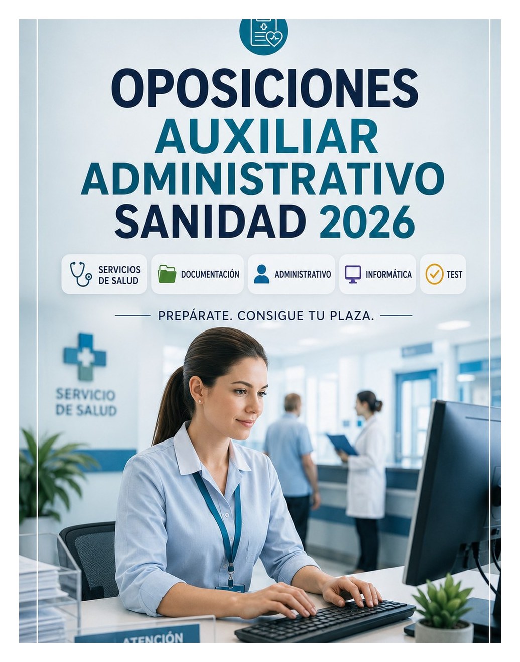 Oposiciones Auxiliar Administrativo Sanidad 2026 — Servicios de salud con atención al usuario, documentación sanitaria, derecho administrativo, informática y test