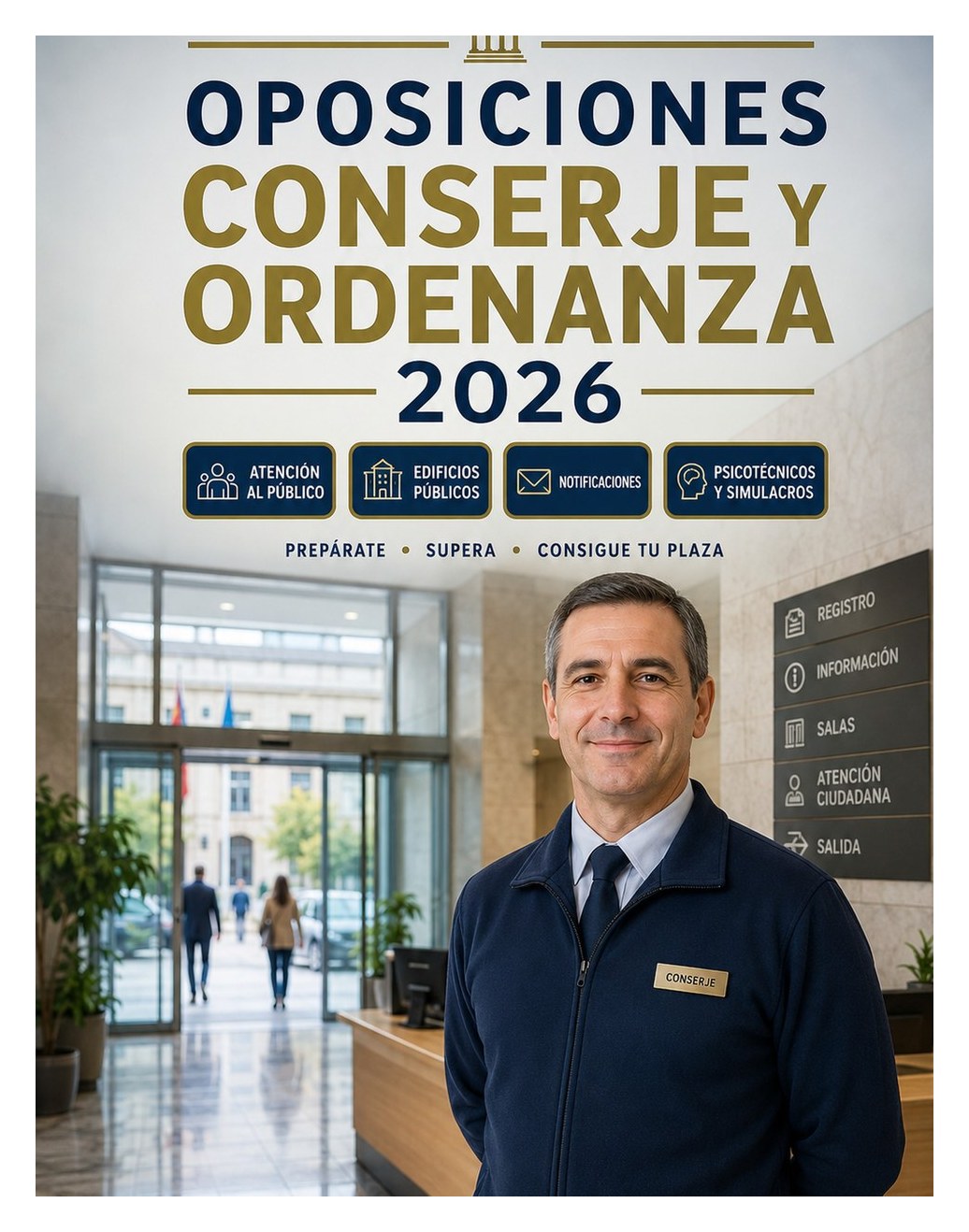 Oposiciones Conserje y Ordenanza 2026 — Atención al público, edificios públicos, notificaciones, tareas básicas, psicotécnicos, test y simulacros