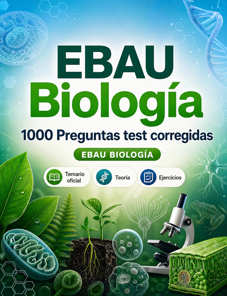 EBAU Biología 2026-2027 : 1000 Preguntas test corregidas — Preparación examen: test Temario oficial, Teoría, Ejercicios, Repaso, Competencias  y simulación de pruebas para aprobar