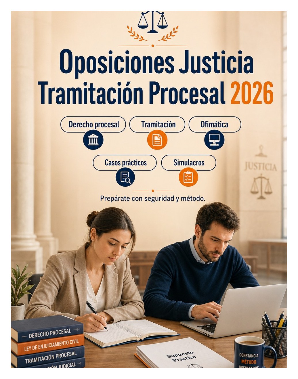 Oposiciones Justicia Tramitación Procesal 2026 — Derecho procesal, tramitación, ofimática, organización judicial, casos prácticos, test y simulacros