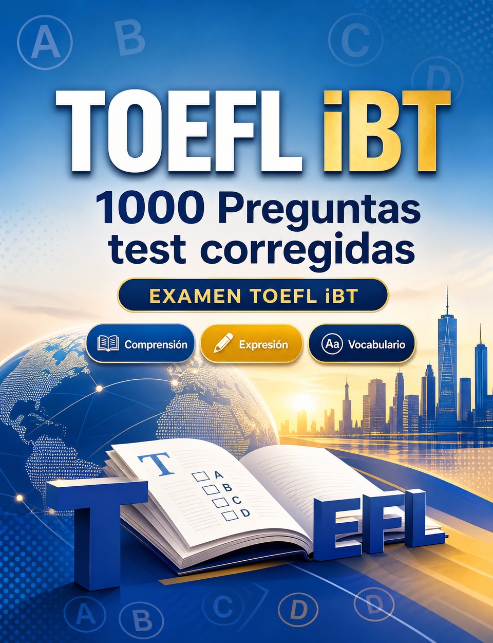 TOEFL iBT 2026-2027 : 1000 Preguntas test corregidas TOEFL iBT 2026-2027 : 1000 Preguntas test corregidas — Preparación examen inglés: Comprensión lectora, Vocabulario, Escritura, Ortografía y simulación de pruebas para aprobar